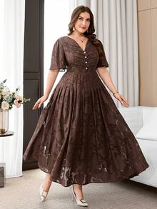 SHEIN Clasi Plus Size Summer Elegant Solid Color Cutout Dress - Coffee Brown - View 6