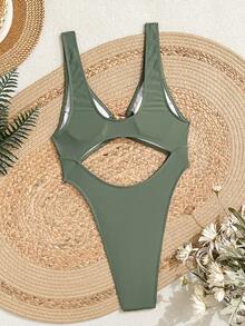 Bonvoyette Maillot de bain une pièce pour femme, design ajouré texturé, décoration d'accessoire boucle anneau asymétrique en métal, plage quotidienne, fête de plage, vacances décontractées, maillot de bain une pièce élégant taille haute - Vert - Voir 2