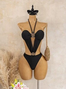 ROMWE Goth Top bandeau sin tirantes negro mate con textura, diseño de una pieza con abertura y hebilla de anillo con estrella, Bottom de bikini con cordones en la espalda, estilo American Hot Girl para fiesta, estilo americano para vacaciones de verano, discoteca, fiesta en la piscina, atuendo de nicho llamativo, elegante y juvenil para fotografía de viajes, look personalizado para check-in, estilo diario de vacaciones, cool y impactante - Negro - Ver 3