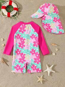 Baby Girl Floral Print Color Block Long Sleeve Romper Swimsuit And Hat Set Suitable For Summer Vacation - Hot Pink - View 2