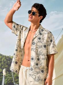 Manfinity VDAYZ Men's Floral Print Short Sleeve Shirt And Drawstring Shorts Beach Set Couple Matching Swimwear Matching Swimwear For Couples Couple Beach Holiday Vaca - Multicolor - View 5