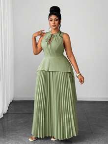 Maweii Plus Size Women's Round Neck Elegant Hollow Out Ruffle Hem Asymmetrical Pleated Full Skirt Sleeveless Tie Two Pieces Set - Green - View 1