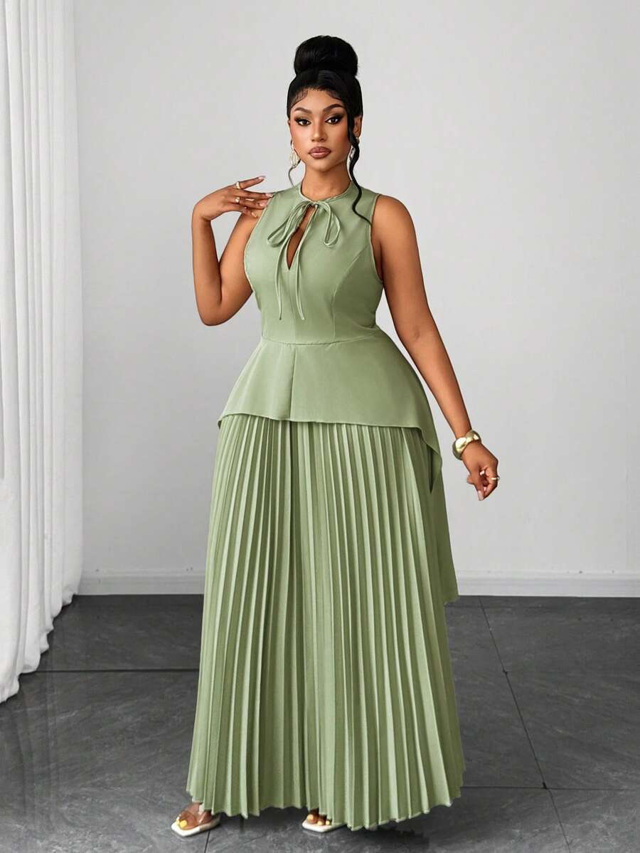 Maweii Plus Size Women's Round Neck Elegant Hollow Out Ruffle Hem Asymmetrical Pleated Full Skirt Sleeveless Tie Two Pieces Set - Green - View 1