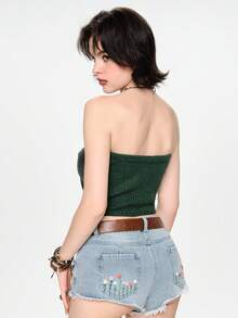 ROMWE Avant Forest Color Handmade Sweet Apple Knitted Tube Top With Button Decor, Women Knit Blouse For Spring/Summer - Dark Green - View 7