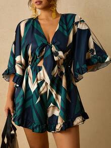 Travachic Plus Size Holiday Solid Color Batwing Sleeve, Ruffle Hem, Tie Waist Jumpsuit Fall - Multicolor - View 4