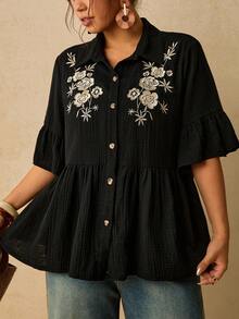 Travachic Women's Single-Breasted Floral Print Ruffle Sleeve High Waist Plus Size Casual Shirt - Black - View 5