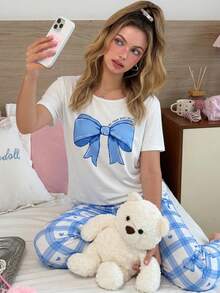 SweetSlumber Women's Sweet Cute Bow Plaid Print Round Neck Short Sleeve Long Pants Comfortable Knit Pajama Set - Blue - View 3