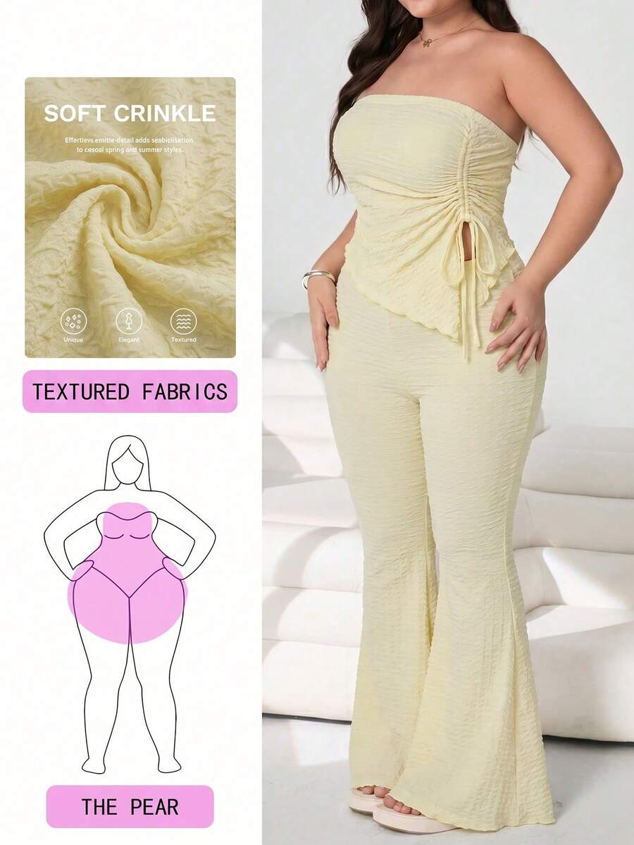 Solflare Pale Yellow Casual Plus Size Women 2 Pieces Set: Bandeau Top And Pants - Pale Yellow - View 1