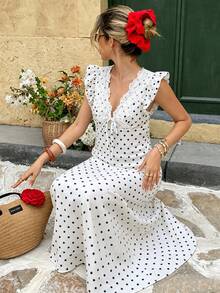 Elyressa Summer Elegant Romantic White With Black Polka Dots Print Lace Patchwork Sleeveless Dress Vacation - Black and White - View 6