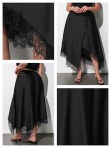 Maija Plus Size Black Elegant Sexy Skirt For Women, Autumn Vintage Asymmetrical Lace Hem Elastic Waist Skirts, Versatile Dinner Cocktail Party Wedding Guest - Black - View 8