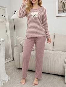 Cotton Women 2pcs Contrast Colour Slogan Lettered Long Sleeve Top&Striped Heart Pattern Sleep Pants Homewear Pajama Set - Dusty Pink - View 6