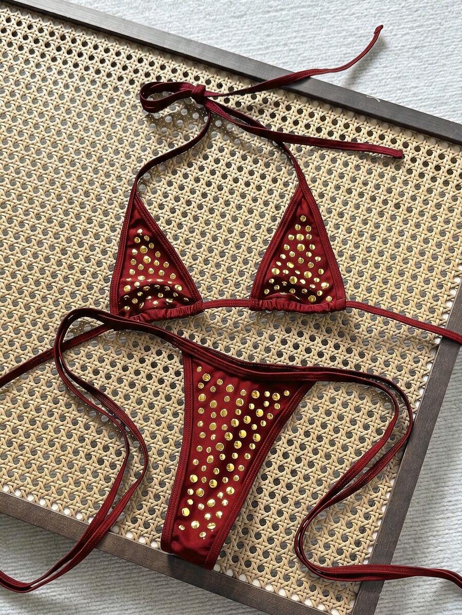 Swim Vcay 2件組 春夏海灘度假紋理面料掛脖三角比基尼上衣與側綁繩丁字褲性感比基尼套裝 - 酒紅色 - 查看 1