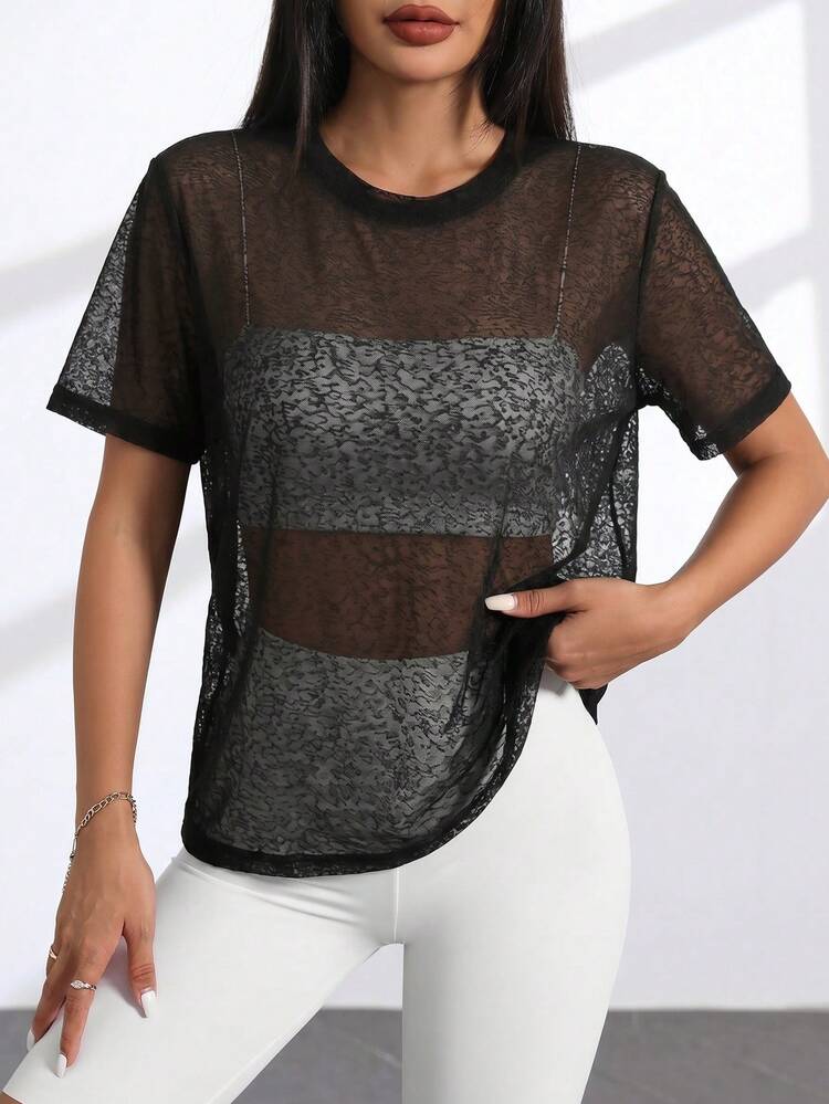Slayform Slayform Summer Sexy Sheer Short Sleeve Sports T-Shirt - Black - View 6