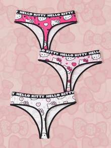 HELLO KITTY AND FRIENDS | SHEIN 女款對比滾邊文字愛心印花可愛丁字褲 - 玫紅色 - 查看 2