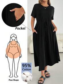 Shapeblank Đầm nữ size lớn màu đen cổ tròn tay ngắn có túi phong cách tối giản casual lãng mạn cho kỳ nghỉ, phù hợp mùa hè - màu đen - Xem 1