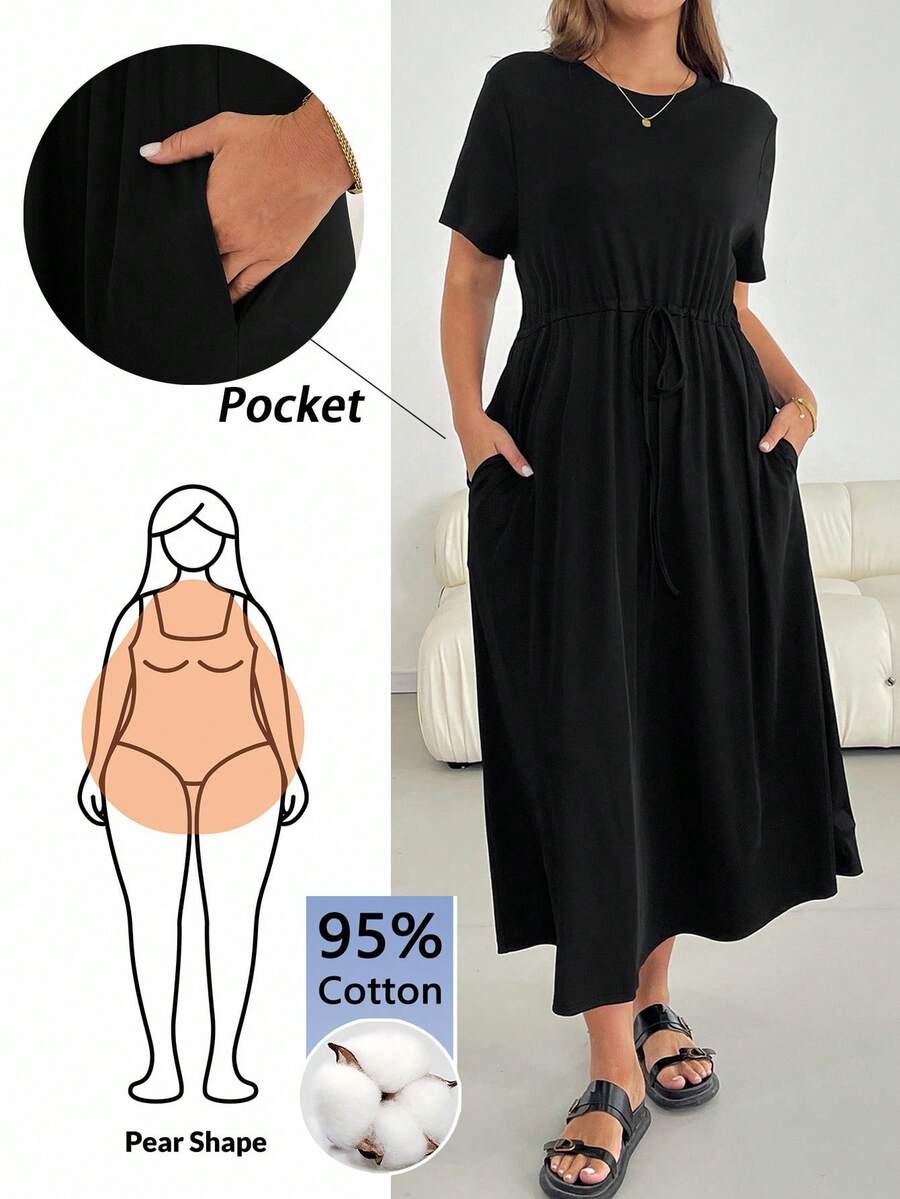 Shapeblank Đầm nữ size lớn màu đen cổ tròn tay ngắn có túi phong cách tối giản casual lãng mạn cho kỳ nghỉ, phù hợp mùa hè - màu đen - Xem 1