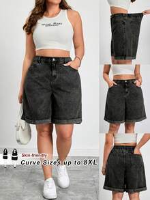 SHEIN CURVE+ 大尺碼女款口袋鈕扣休閒百搭日常牛仔短褲 春夏嘉年華服裝 通勤度假畢業典禮 時髦Y2k可愛街頭風 Coquette 派對婚禮優雅商務休閒 女士淺色水洗牛仔百慕達短褲 捲邊口袋款 藍色 - 黑色 - 查看 1