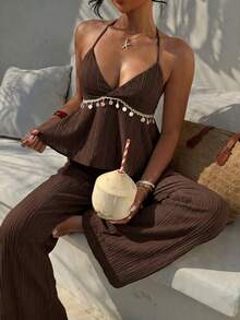 Aloruh Women's Casual Elegant Vacation Set/Shell Decor Top/Backless Tie Strap Top/Summer Set/White Set/Sexy Set - Brown - View 1