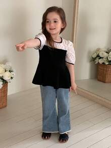 Dazy Kids Contrast Color Patchwork Puff Sleeve Cute Waist-Cinching Young Girls Blouse Summer - Black and White - View 2