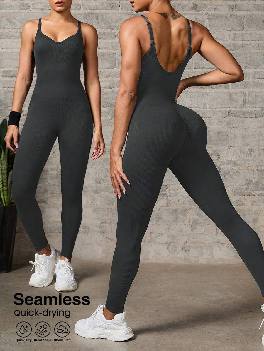 Easithlete Easithlete 女款無縫太空深灰色壓縮運動連身衣,無袖快乾瑜伽連身衣,圓領露背設計,健身運動服 - 灰色 - 查看 1