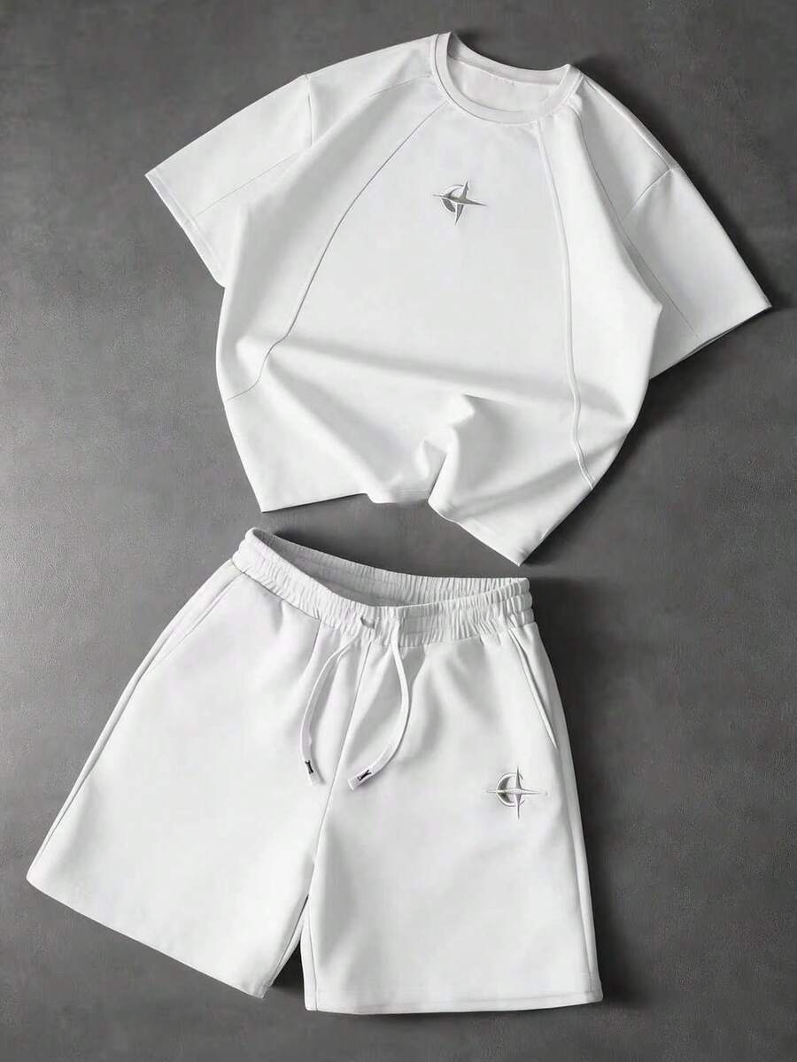 PAVTROS 男士年輕街頭休閒運動拼接T恤套裝 - 白色 - 查看 1