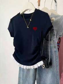 INAWLY New Lace Trim Short Sleeve Casual Fitted Waist Top For Women - Navy Blue - View 3