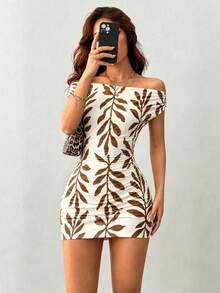 EMERY ROSE Sexy Tropical Off-Shoulder Ruched Mini Dress Vacation White Summer - Brown - View 6