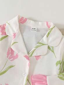 Set Pakaian Santai Bayi Perempuan Kasual Lucu Rajut Motif Bunga Warna Blok Lengan Panjang Atasan dan Celana - Baby Pink - View 10