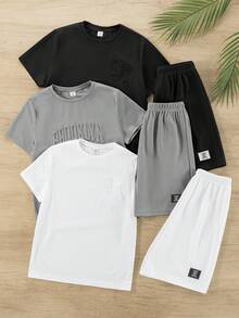 SHEIN 6件套男童舒适休闲风压花圆领短袖T恤上衣搭配装饰短裤，两件套高性价比套装，适合户外玩耍、街头摄影、派对和休闲活动。 - 灰色 - 查看 4