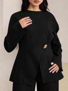 Veilorie Plus Size 2 Pieces Set Elegant Solid Color Metal Decor Shawl Ribbon Design Top And Long Pants Fall - Black - View 5