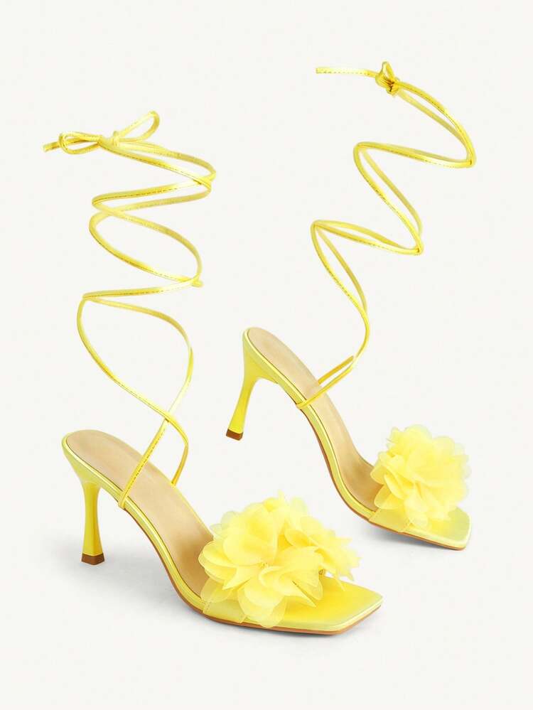 CUCCOO CHICEST Spring/Summer Mesh Flowers Decorative One-Buckle Buckle Open-Toe Thick Heel, Fairy Style Satin Mesh Light Pink Ladies High Heel Sandals Dating Party Commuting Shopping Banquet Wedding Festival Gifts