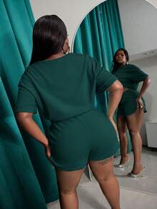 Slaydiva Slayr Plus Casual Solid Color Fitted Drawstring Split Women's Plus Size Two Pieces Outfits,Set,Summer,Two Pieces - Dark Green - View 2