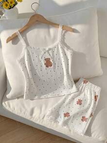 SHEIN Dozemod Kids Tween Girl Simple Floral Pattern Ribbon Bow Lace Trim Camisole Top And Shorts Black And White Polka Dot Slim Fit Pajama Set 2pcs Sleeping - White - View 3