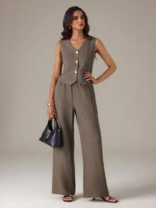 SHEIN Tall Women's Metal Single-Breasted Vest And Pants Casual 2 Pieces Set - Brown - View 3