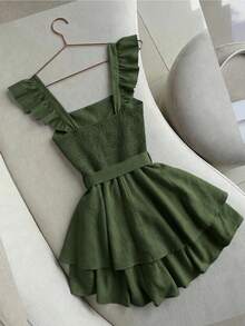 GlowEve New Arrival Summer Ruffled Collar Jumpsuit For Women, Blue, Tie Waist, Minimalist - Olive Green - View 2