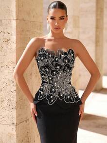 Glamrae Elegante y lujoso vestido de sirena de punto elástico con patchwork de bordado floral, cuentas de burbuja y lentejuelas, adecuado para boda, fiesta, despedida de soltera, vacaciones, baile de graduación, vestido de noche (estilo de mano de obra pesada) - Negro - Ver 4