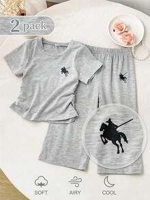 SHEIN 2件組幼童女童男童休閒灰色馬匹印花短袖軟薄兩件式套裝衣著，日常居家運動春夏秋上衣褲子T恤 - 灰色 - 查看 1