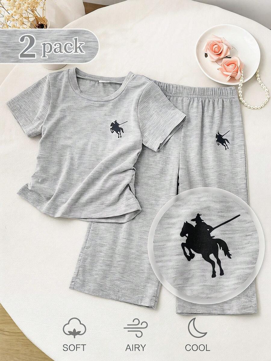 SHEIN 2件組幼童女童男童休閒灰色馬匹印花短袖軟薄兩件式套裝衣著,日常居家運動春夏秋上衣褲子T恤 - 灰色 - 查看 1