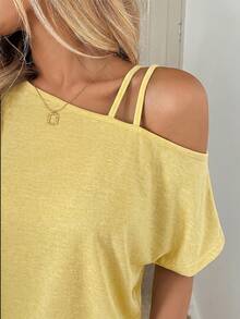 Easowa Casual Knit Asymmetrical Shoulder Double Strap Slanted Shoulder Women's T-Shirt Vacation Yellow Summer - Yellow - View 4