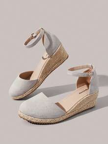 Styleloop 女士坡跟厚底鞋 春夏新款 增高显瘦 包头低帮设计 圆头 5.5cm坡跟 舒适高跟 亚麻材质 纯色 女士鞋 日常通勤 购物 约会必备 - 灰色 - 查看 10
