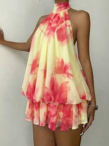 Elegant Women's Mini Dress With Halter Neck And Bow In Light Yellow - Cherry Red - View 3