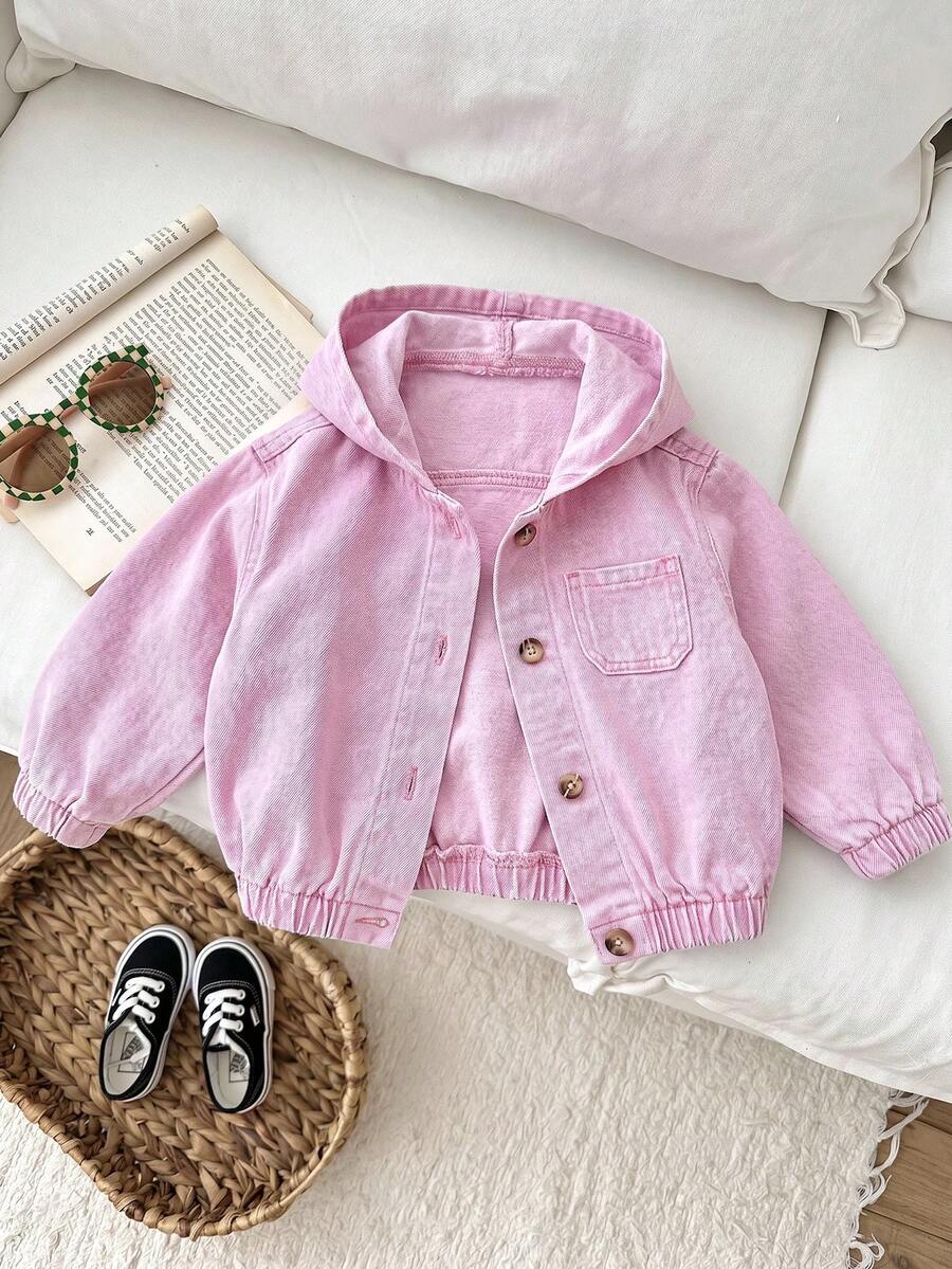 SHEIN Jaket Lengan Panjang Berkerudung Denim Biru untuk Bayi Perempuan - Berwarna merah muda - View 1