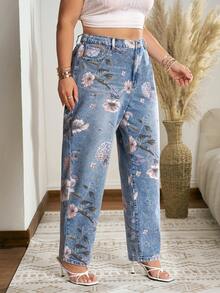 SHEIN Holidaya Plus Size Women's Floral Pattern Patch Pocket Casual Traditional Loose Fit Jeans Brunch Formal Blue And White Summer - Blue - View 5