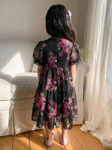 DAZY 少女夏季新款公主風可愛時尚優雅圓領刺繡收腰高腰高級洋裝 - 黑色 - 查看 2