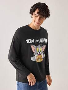 Strevion TOM & JERRY 男士休闲百搭汤姆和杰瑞元素印花长袖T恤，适合春秋季穿着 - 黑色 - 查看 4