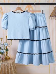 Teen Girls Fashion Casual Woven Bubble Textured Fabric Cropped Jacket With Long Skirt, Contrast Color Wavy Ribbon Trim, Eye-Catching Detail, Loose Fit, Comfortable, Suitable For Spring, Summer, Autumn, Daily Commute, Outings, Gatherings, Photo Shoots - Blue - View 2