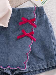Souflis Souflis 2piezas/Set Top de manga corta con cuello redondo y estampado de lazo inglés en el frente con puño en contraste & Falda-pantalón de mezclilla con lazo 3D para niña bebé, paleta de colores Maillard simple, linda y versátil para el verano - Multicolor - Ver 4