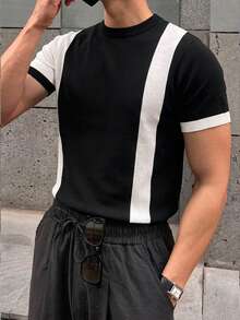 DAZY Camiseta de punto de manga corta con bloques de color y patchwork para hombre, verano - Negro - Ver 5