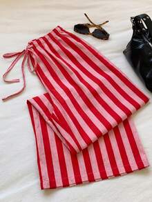 SHEIN EZwear 女款休閒腰綁帶直筒長褲，彩色條紋，街頭風，適合日常通勤、約會、派對、秋冬春夏、聖誕節、新年、感恩節、婚禮、海灘、畢業典禮，時尚優雅休閒，適合外出約會通勤 - 彩色 - 查看 6