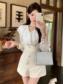 DAZY Spring Summer Elegant Ruffle Lantern Sleeve Design Unique Minimalist Women's Romper - Apricot - View 5